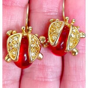 Ladybug Red Jelly Belly Gold Tone Rhinestone Thread Hoop Earrings